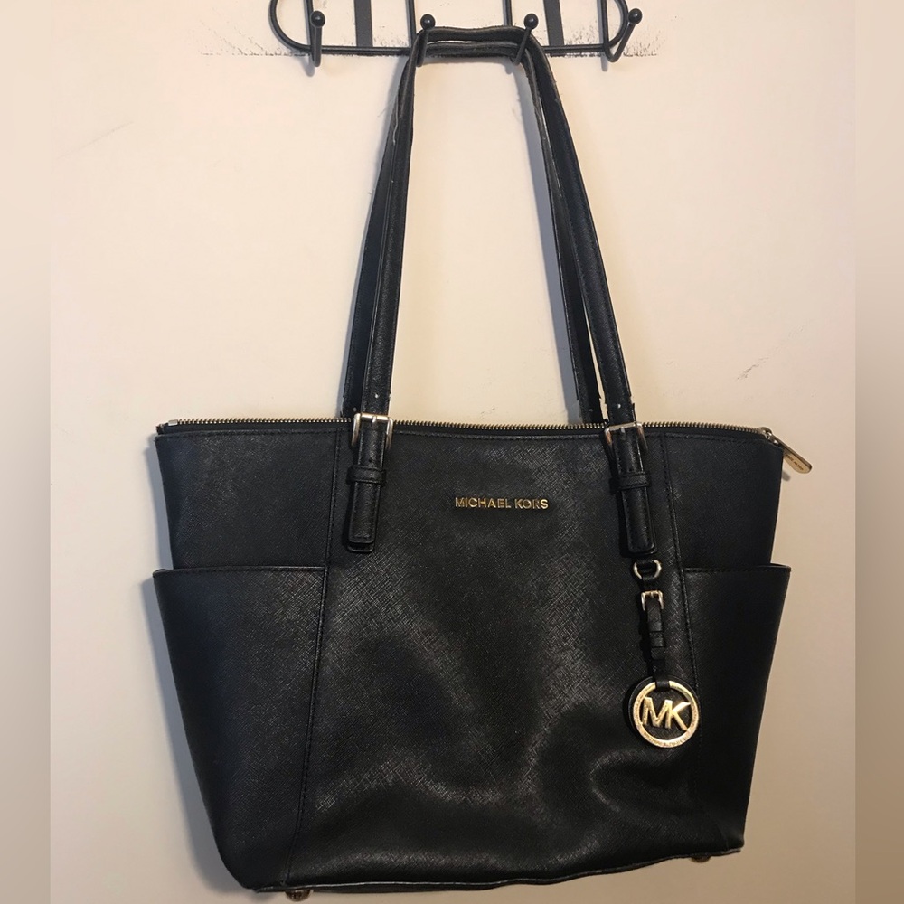 Michael Kors Black Leather Tote with Gold Hardware